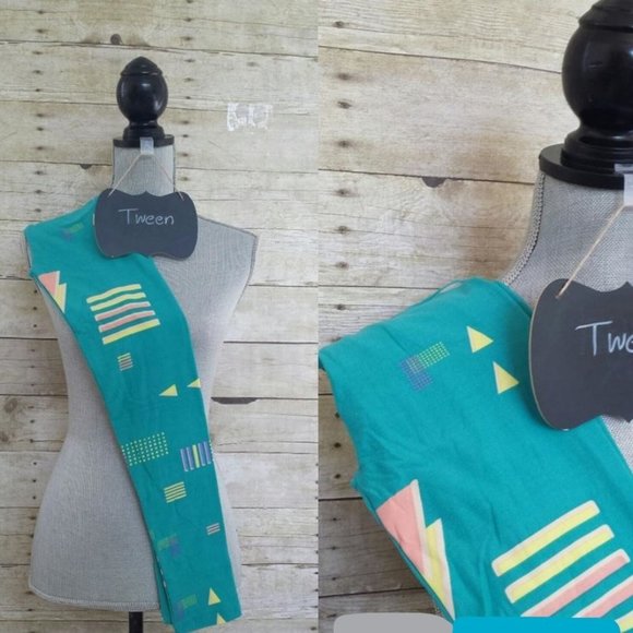 LuLaRoe Tween Leggings - 80's Print in Yellow, Peach & Lilac on Green - Picture 1 of 1